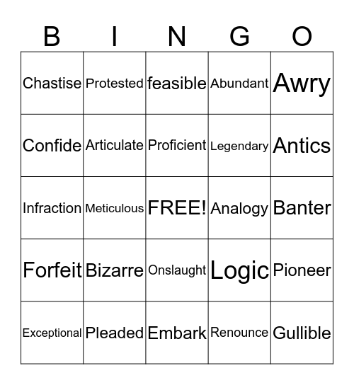 Vocabulary Bingo Card