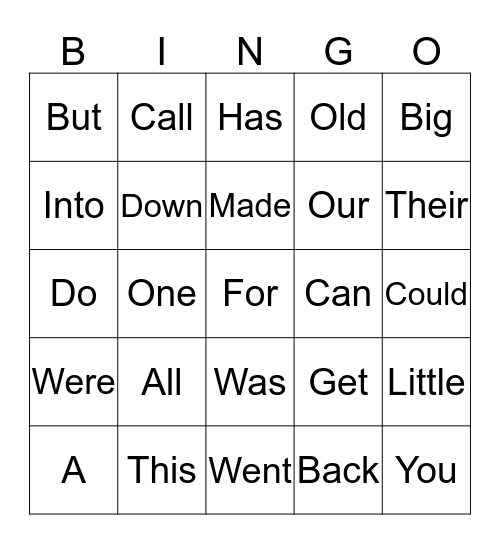 Sight Word Bingo Card