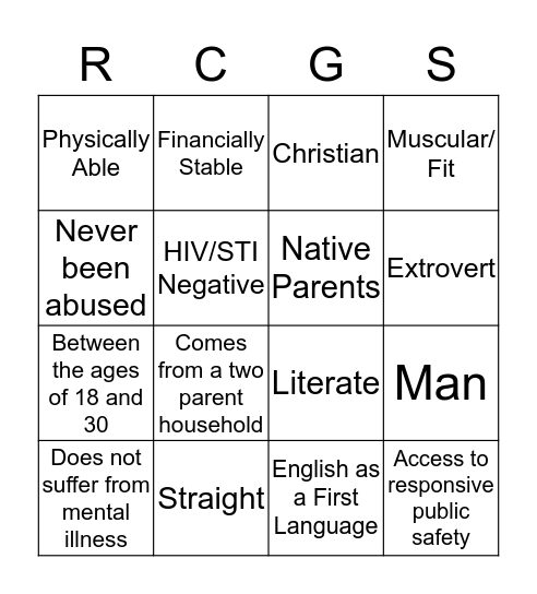 Intersectionality Bingo Card