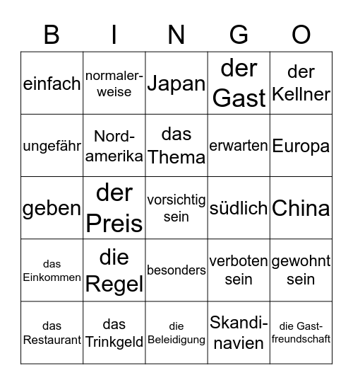 Trinkgeldregeln Begegnungen A2+ Kap.3 Bingo Card