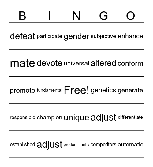 Unit 1 & 2 Vocabulary Bingo Card