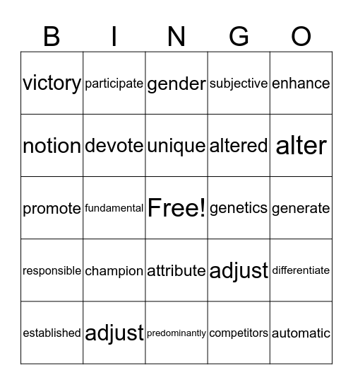 Unit 1 & 2 Vocabulary Bingo Card