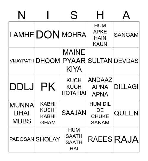 NISHA Bingo Card
