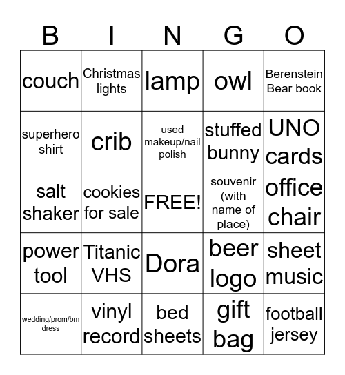 Garage Sale Bingo Card