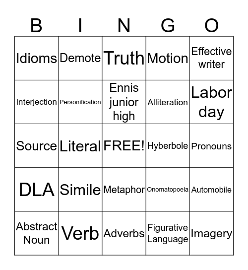 Writing Bingo Card