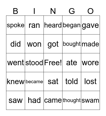 Past tense irregular verbs Bingo Card