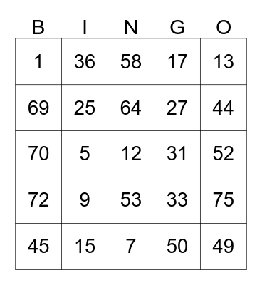 Bingo league Bingo Card