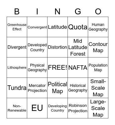 World Geography - Unit 1 Bingo Card
