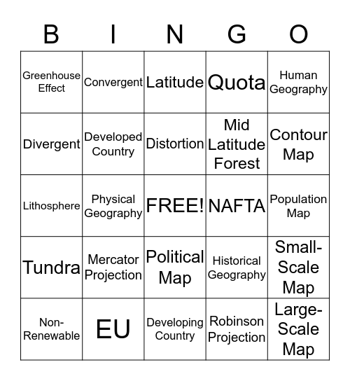 World Geography - Unit 1 Bingo Card