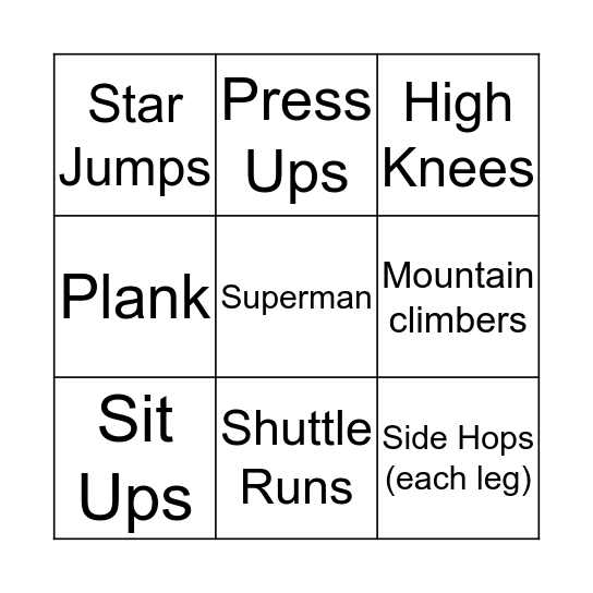 Fitness Bingo Card