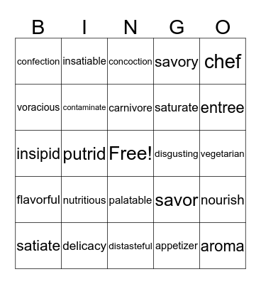 Food Bingo Card