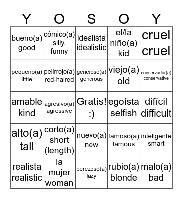 Adjectives in Spanish  Bingo Card