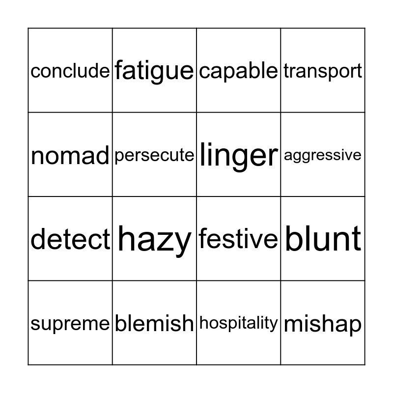 Vocabulary Unit 5 Bingo Card