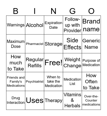 Medication Education Bingo Card