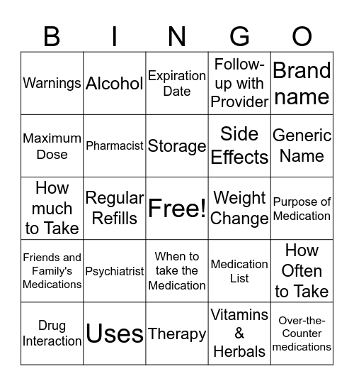 Medication Education Bingo Card