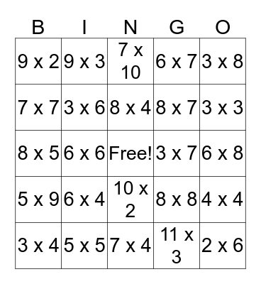 Multiplication Bingo Card