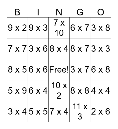 Multiplication Bingo Card