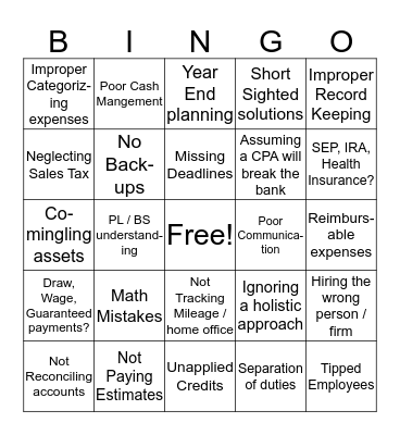 Common sole-proprieter / small business pitfalls Bingo Card