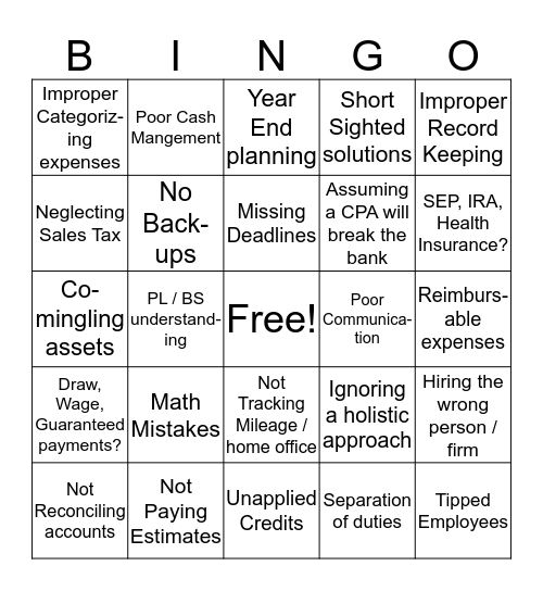 Common sole-proprieter / small business pitfalls Bingo Card