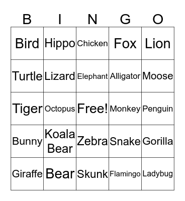 Animal Bingo  Bingo Card