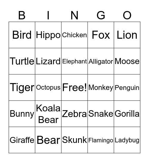 Animal Bingo  Bingo Card
