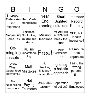 Common sole-proprieter / small business pitfalls Bingo Card
