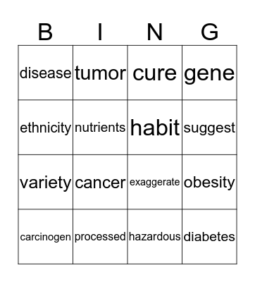 Vocabulary Bingo  Bingo Card