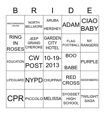 Melissa's Bridal Shower Bingo Card