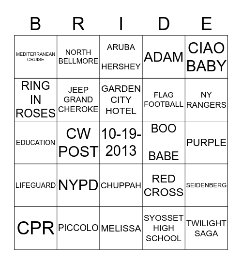 Melissa's Bridal Shower Bingo Card
