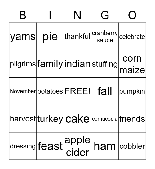Thanksgiving Day Bingo Card