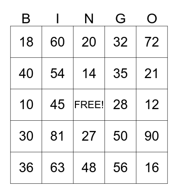 Multiplication Bingo Card