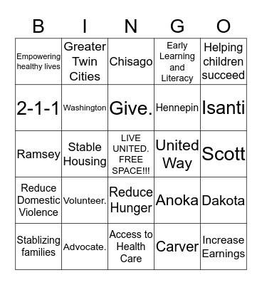 United Way BINGO Card