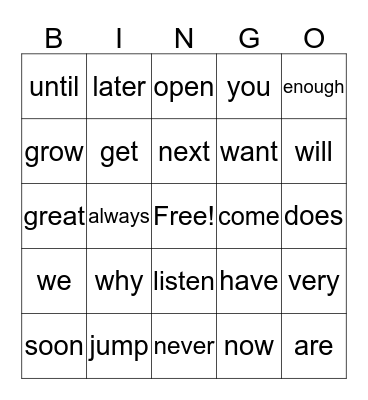 sight word Bingo Card