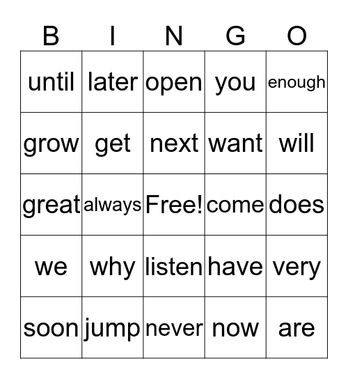 sight word Bingo Card