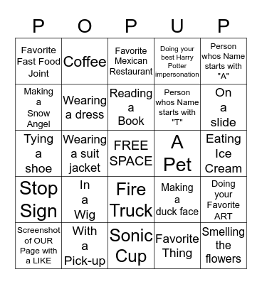 POPUP Picture Bingo Card