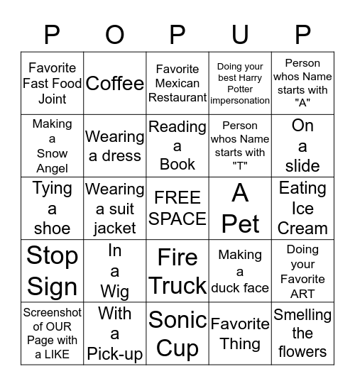 POPUP Picture Bingo Card