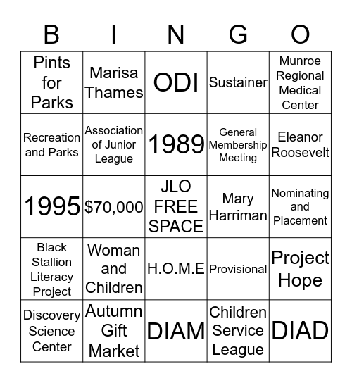 Junior LEeague of Ocala  Bingo Card