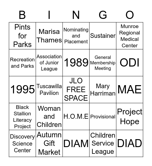 Junior League of Ocala Bingo Card