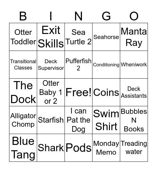 Roots Swim School Bingo Card