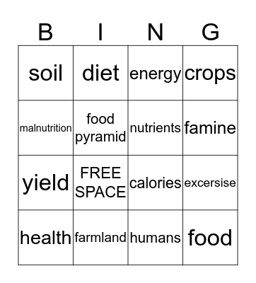 Humans and Nutrition Bingo Card