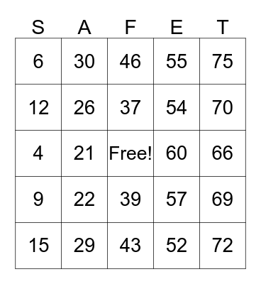 Safety  Bingo Card