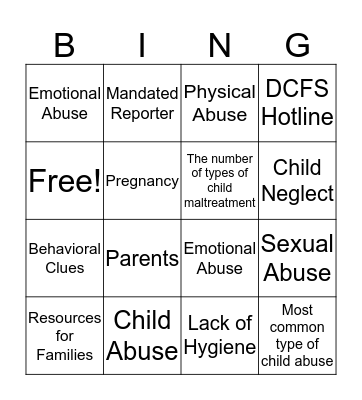 Child Abuse & Neglect Bingo Card