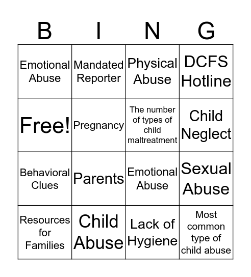 Child Abuse & Neglect Bingo Card