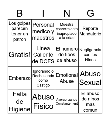 Child Abuse & Neglect Bingo Card