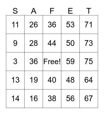 Safety Bingo Card