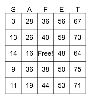 SAFETY BING Bingo Card