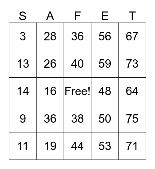 SAFETY BING Bingo Card