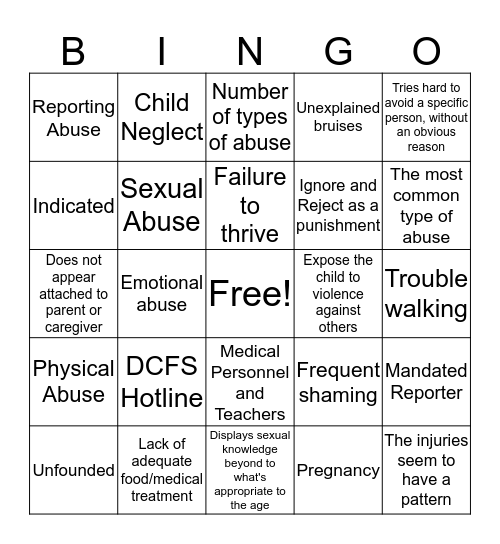 Child Abuse and Neglect Bingo Card