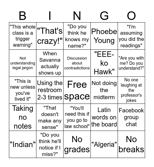 Indigenous Peoples and American Law Bingo Card