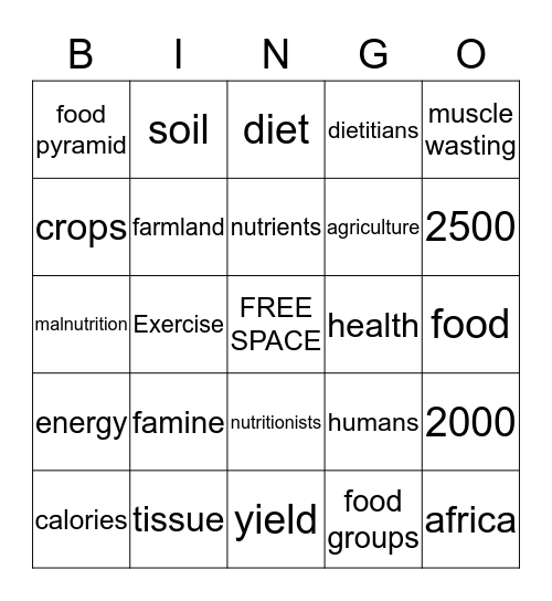 Humans and Nutrition Bingo Card